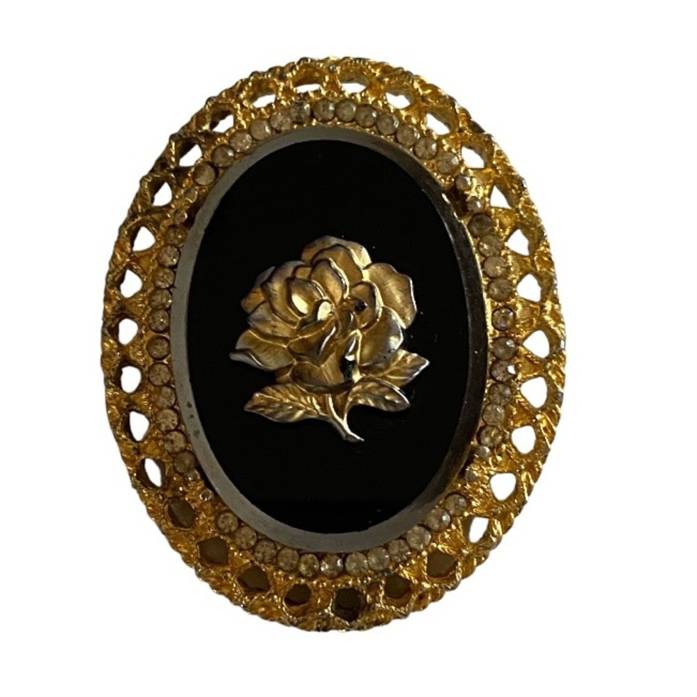Celebrity Stlyes Black Onyx Gold Cameo VTG  Brooch with surrounding rhinestones